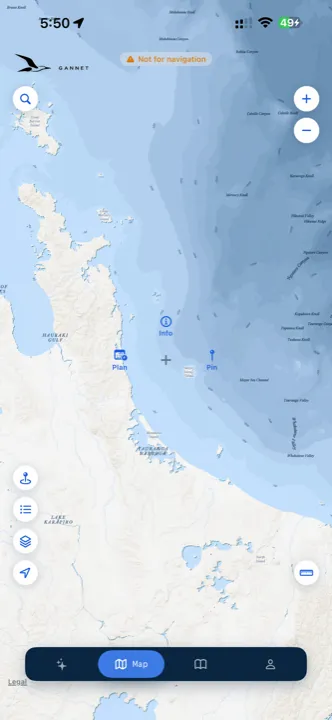 Map of the coast with fishing spots and waypoints marked