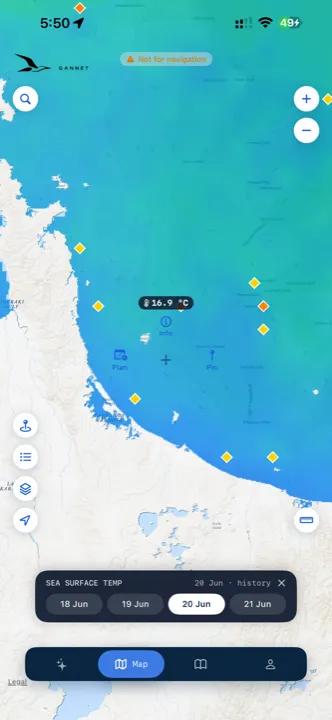 Map showing the sea surface temperature layer with hotspots and a date scrubber